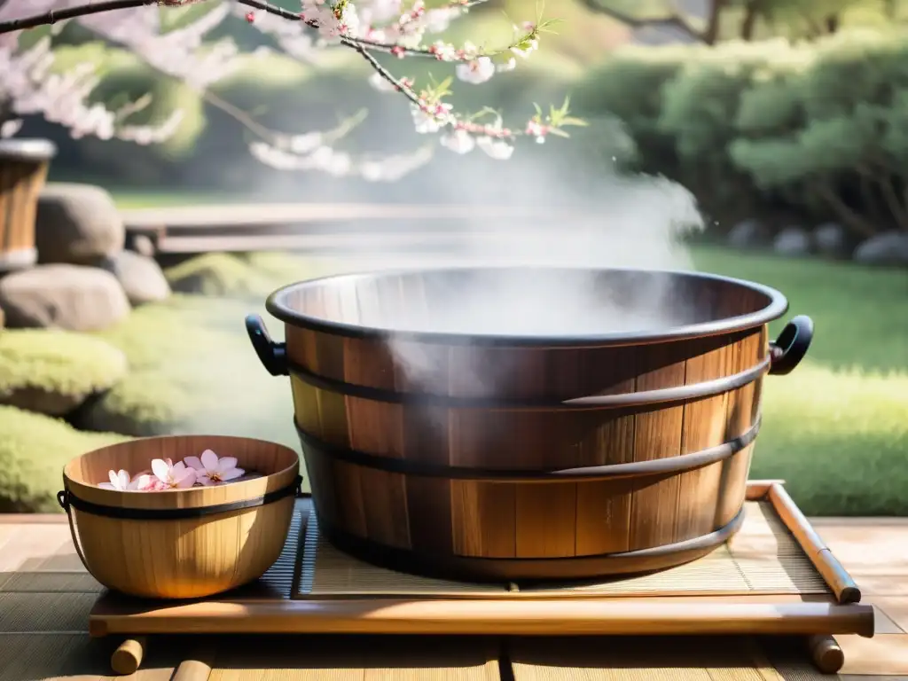 Imagen vintage de baño japonés tradicional al aire libre, con equipos para baños ceremoniales culturas, rodeado de naturaleza y tranquilidad