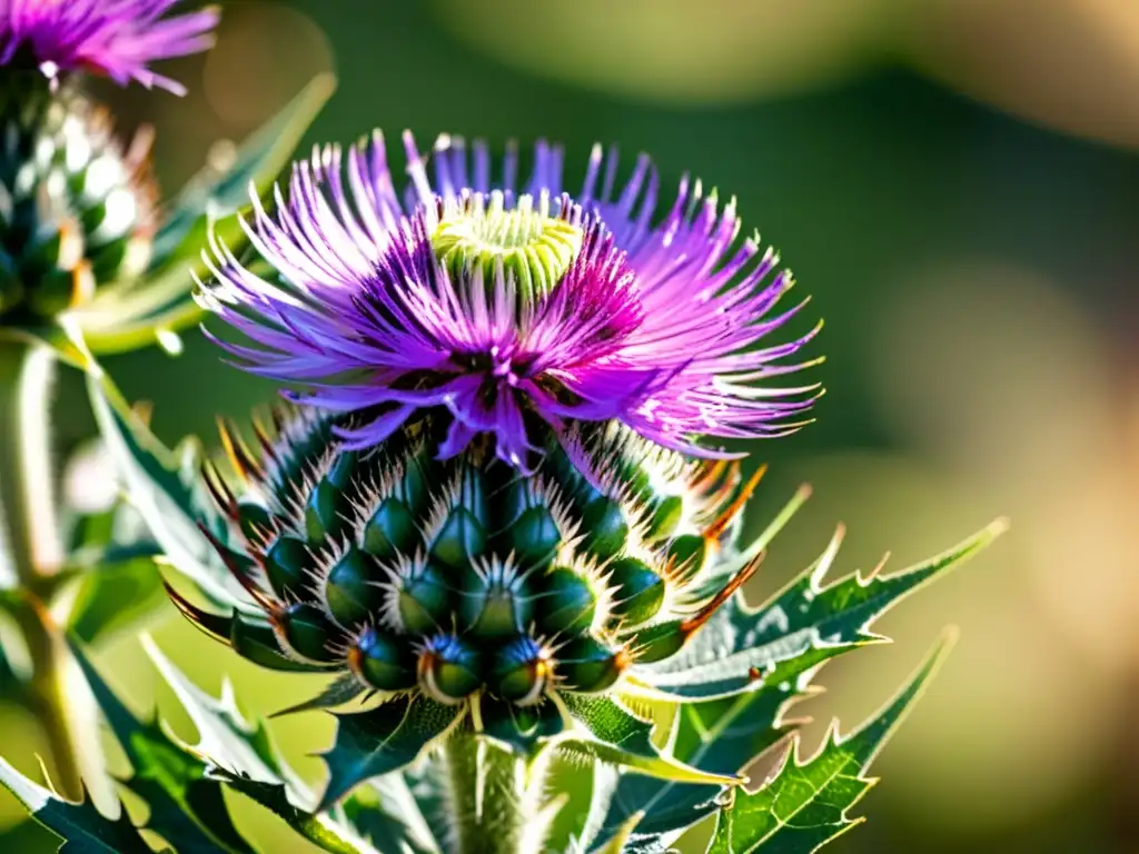 Imagen vintage de cardo de leche en flor, con abejas