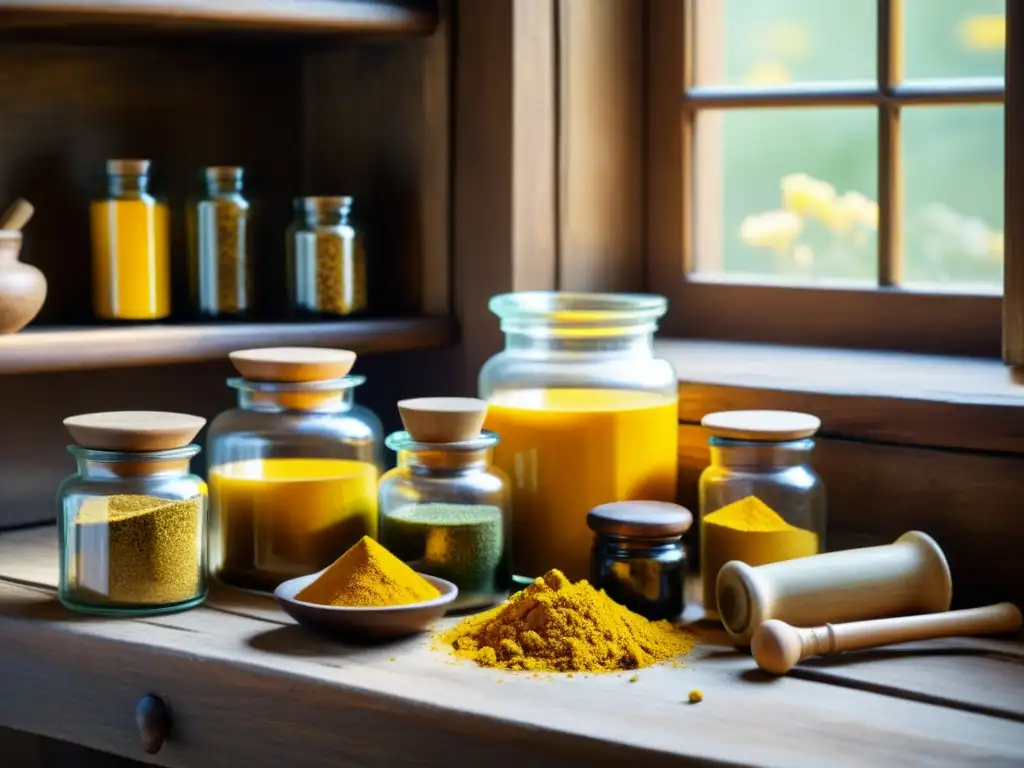 Una imagen vintage de una mesa de boticario con cúrcuma en polvo amarillo vibrante, libros antiguos y hierbas, iluminada por la cálida luz del sol