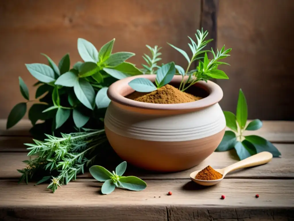 Una imagen vintage de una olla de barro llena de arcilla medicinal y rodeada de hierbas, evocando tradición y beneficios de la arcilla medicinal