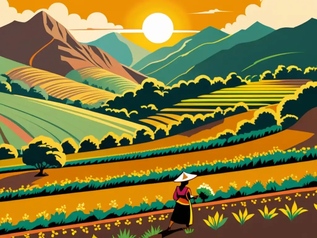 Maca en flor: tradición andina en ilustración vintage Imagen vintage de un paisaje andino exuberante con campos de maca en plena floración