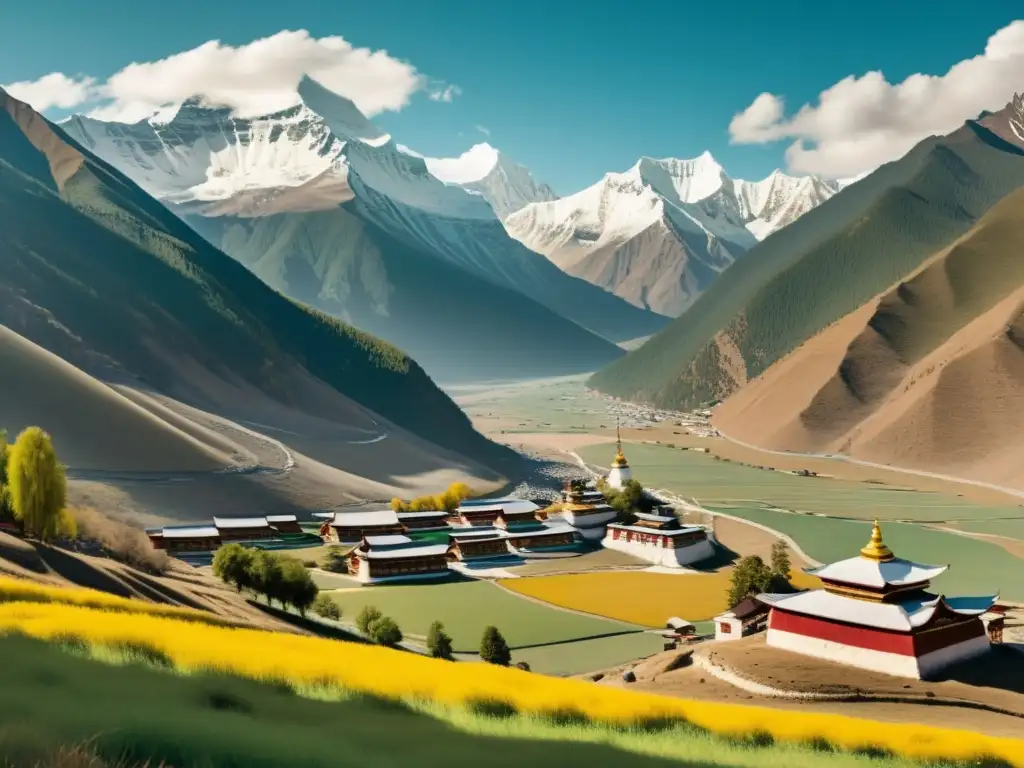 Imagen vintage de un paisaje sereno tibetano con monasterio en valle, ondean banderas de oración y montañas nevadas