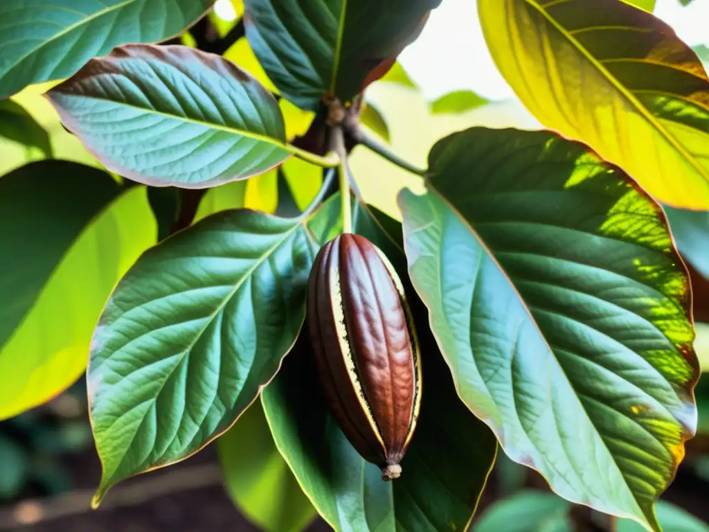 Imagen vintage de planta de cacao florecida con hojas verdes vibrantes y vainas marrones