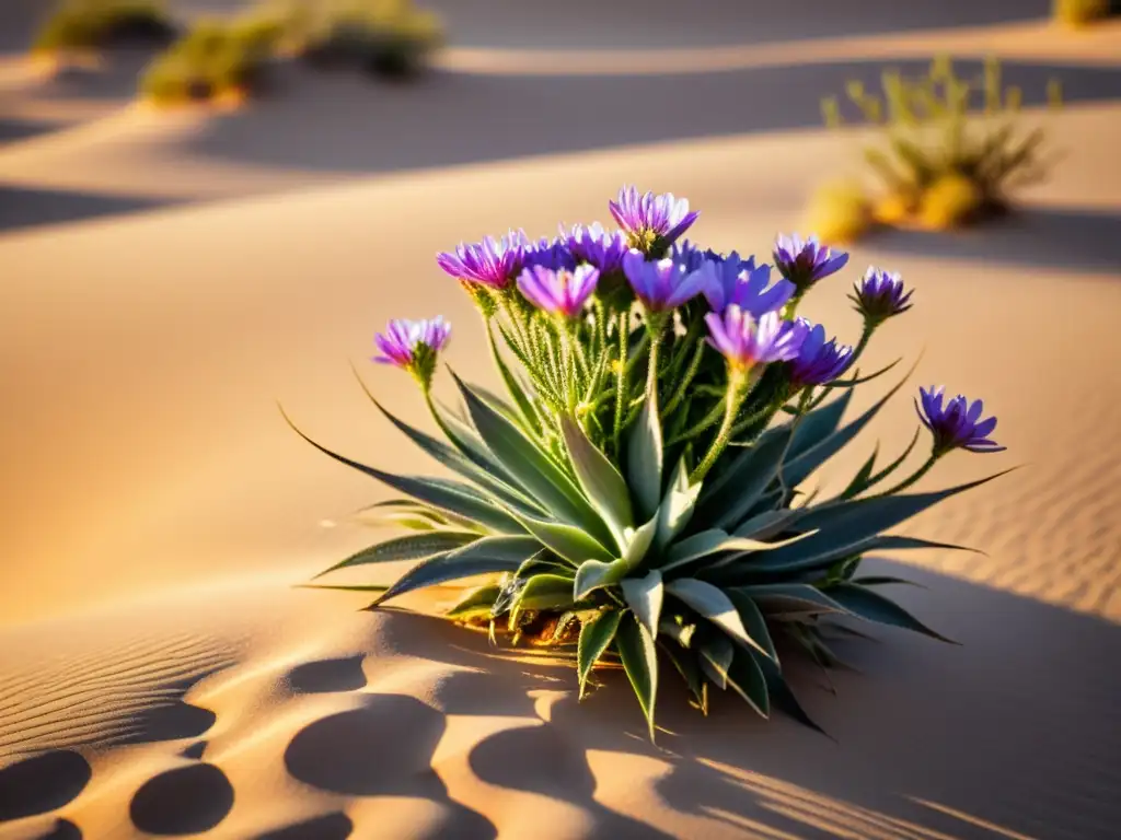 Imagen vintage de una planta medicinal clave en el desierto, con hojas plateadas y flores moradas, bañada por la cálida luz del atardecer