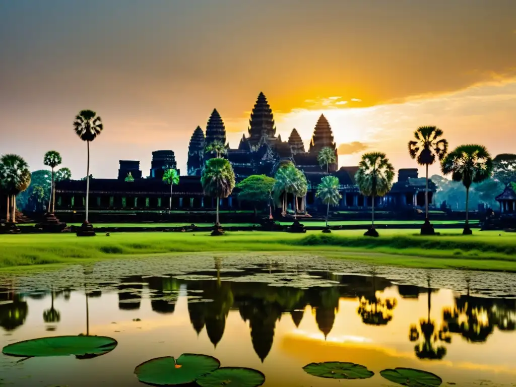 Imagen vintage de Angkor Wat al amanecer, con ruinas, cielo multicolor, vegetación exuberante y estanque