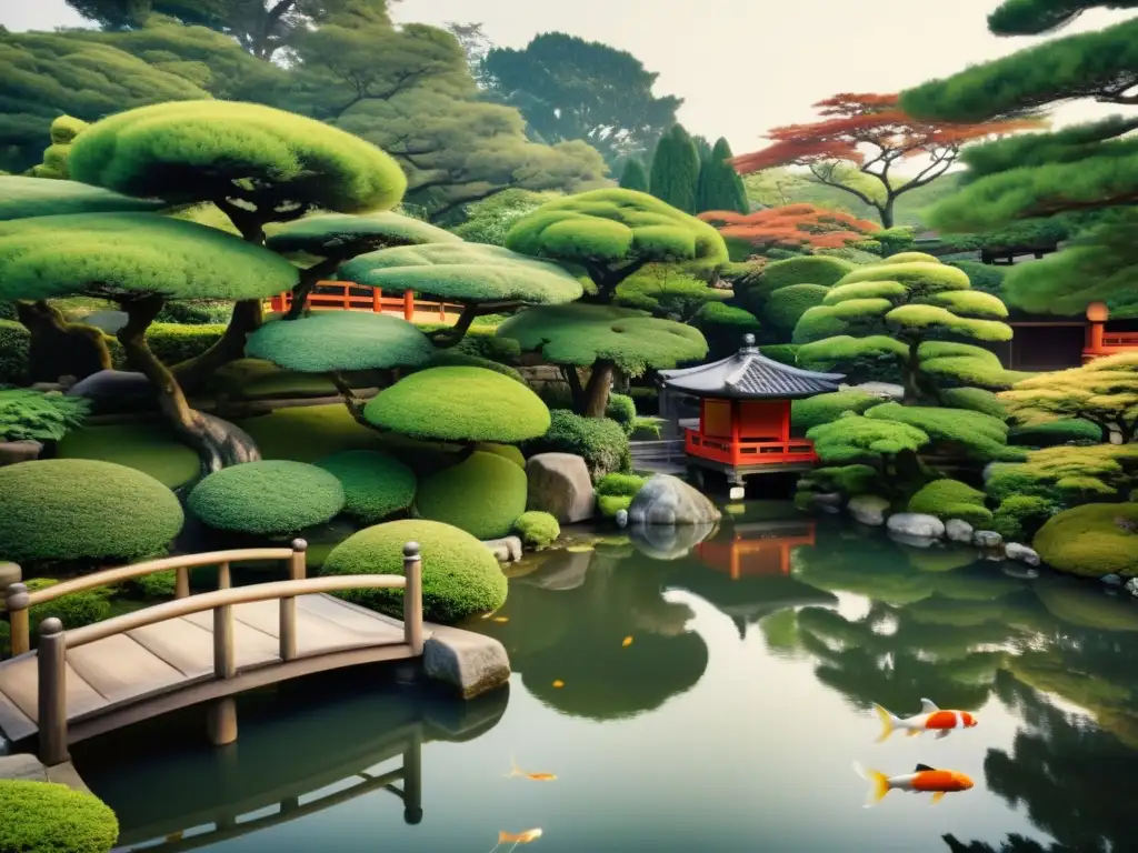 Imagen vintage de un sereno jardín japonés con una casa de té, un estanque y peces koi vibrantes