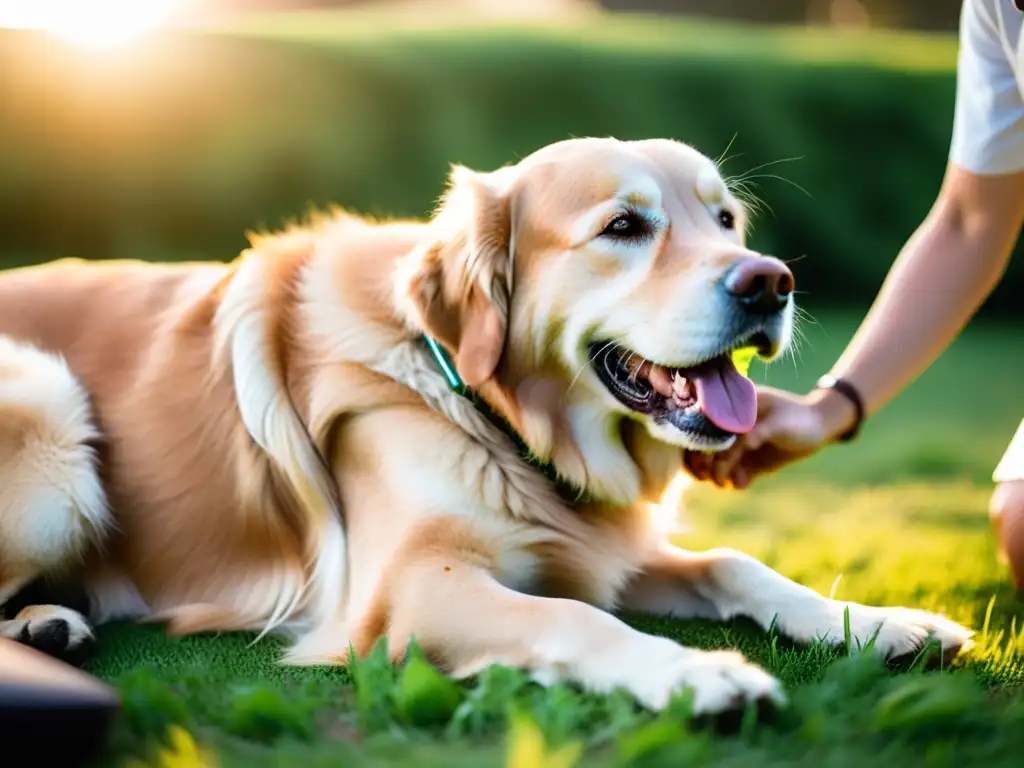 Imagen vintage de un golden retriever sonriente recibiendo acupuntura veterinaria al atardecer en un campo