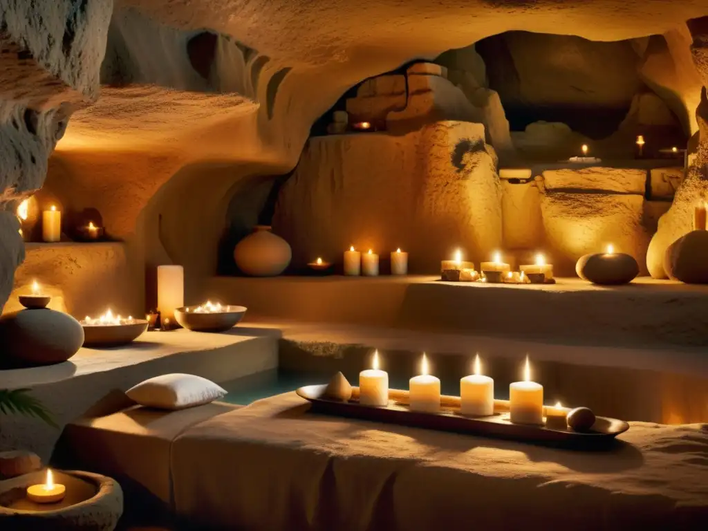 Imagen vintage de un spa en cueva con iluminación tenue, formaciones rocosas y personas disfrutando tratamientos