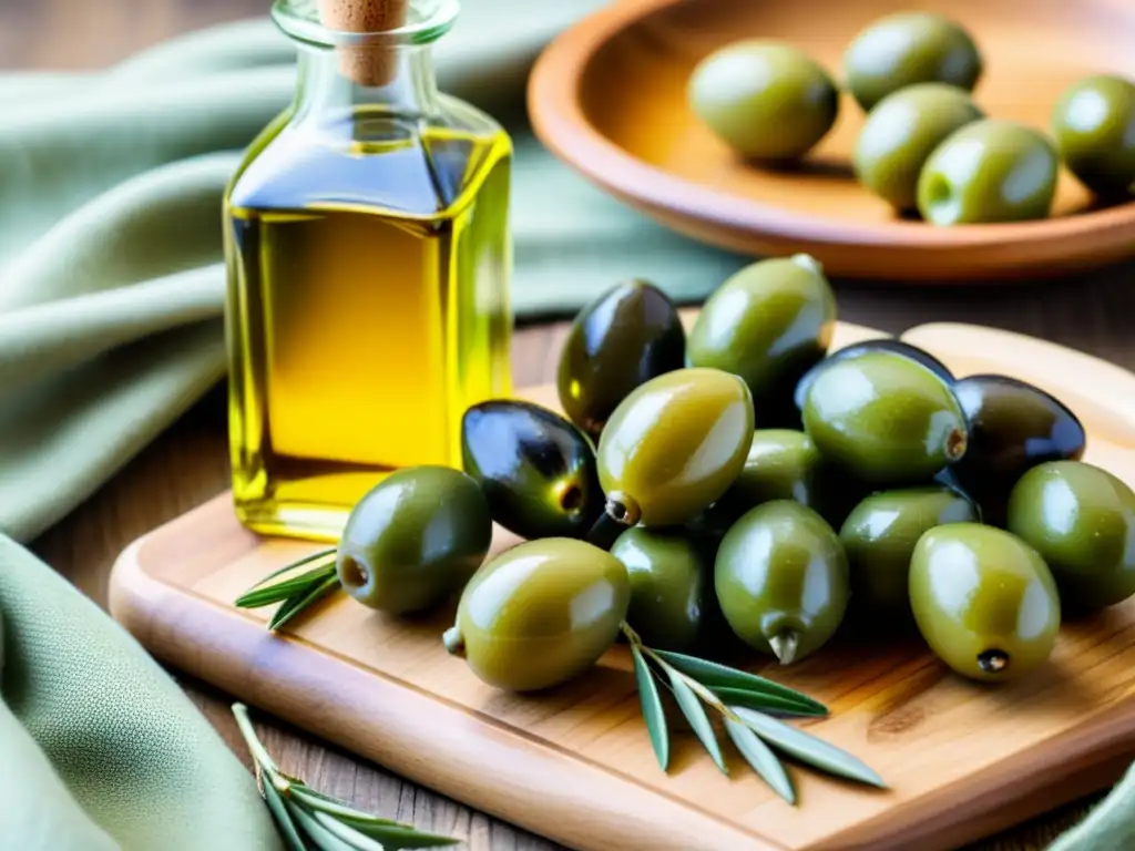 Una imagen vintage de una tabla de cortar de madera con aceite de oliva, aceitunas verdes y romero