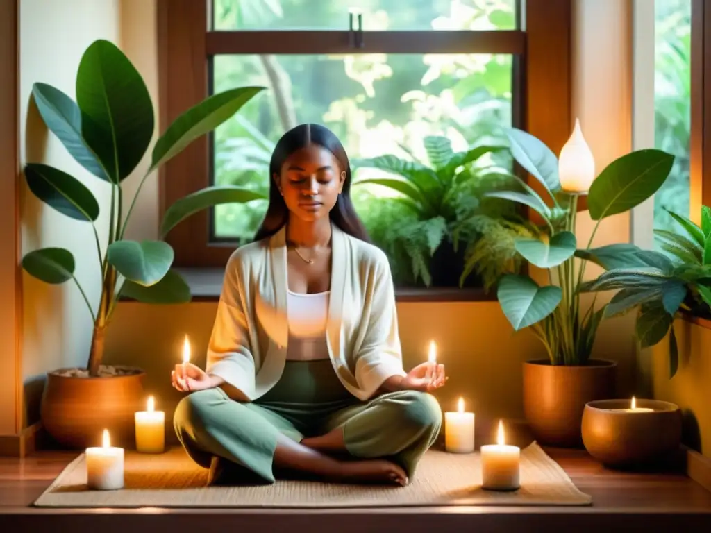 Imagen vintage de meditación en un tranquilo espacio soleado, con plantas verdes y velas