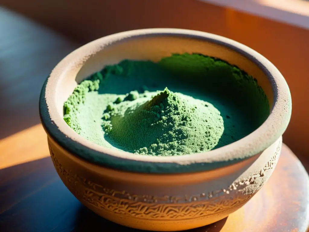 Una imagen vintage de una vasija azteca con espirulina verde vibrante, evocando la tradición y los beneficios de la spirulina para la salud