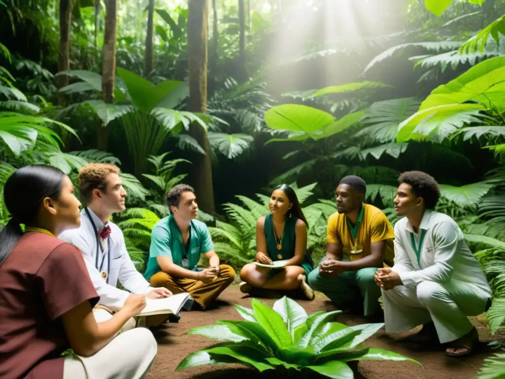 Importancia de la educación en medicina tradicional: estudiantes escuchan a un sabio anciano en la selva, aprendiendo sobre plantas medicinales