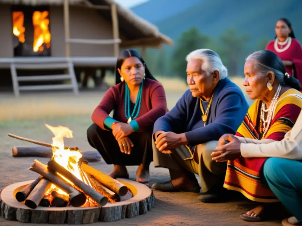 Importancia de la preservación de saberes ancestrales en ceremonia tradicional alrededor del fuego, con ancianos y jóvenes indígenas