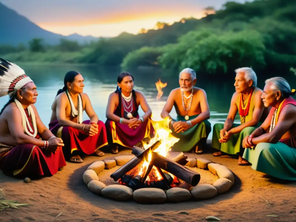 Importancia de preservación de saberes ancestrales: Imagen de ancianos indígenas reunidos alrededor de una fogata en una ceremonia tradicional, vestidos con ropas y joyas coloridas, rodeados de exuberante vegetación