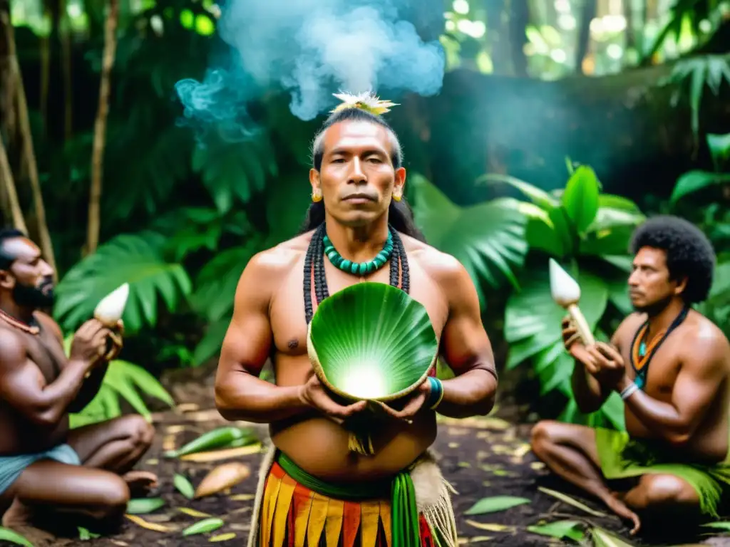 Una impresionante fotografía vintage de un chamán amazónico liderando una ceremonia de sanación onírica en la exuberante selva, rodeado de miembros de la comunidad indígena