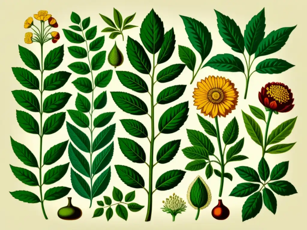 Incorporación de la Medicina Nativa: Ilustración vintage detallada de plantas medicinales en tonos vibrantes, evocando sabiduría y curación natural
