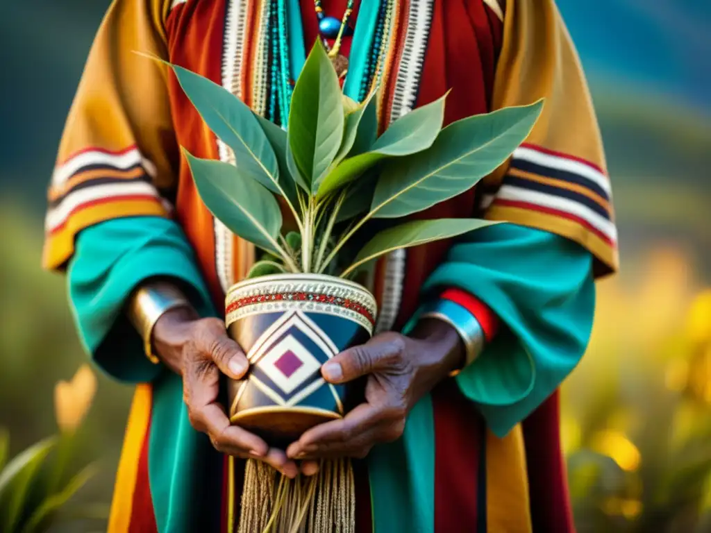 Un chamán indígena sostiene plantas sagradas en un atmósfera de reverencia y antigua sabiduría ritual