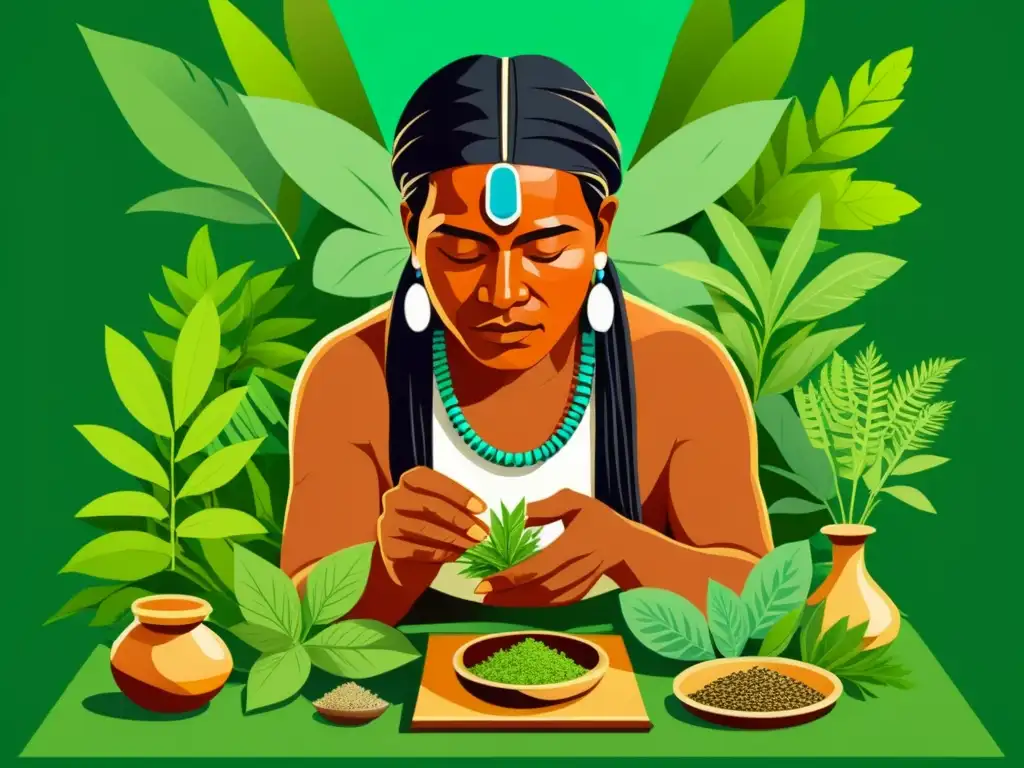 Un chamán indígena elabora recetas medicinales indígenas digitales entre la exuberante vegetación