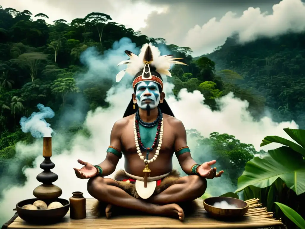 Un chamán indígena realiza un ritual de purificación en la exuberante selva amazónica, exudando sabiduría ancestral y conexión espiritual