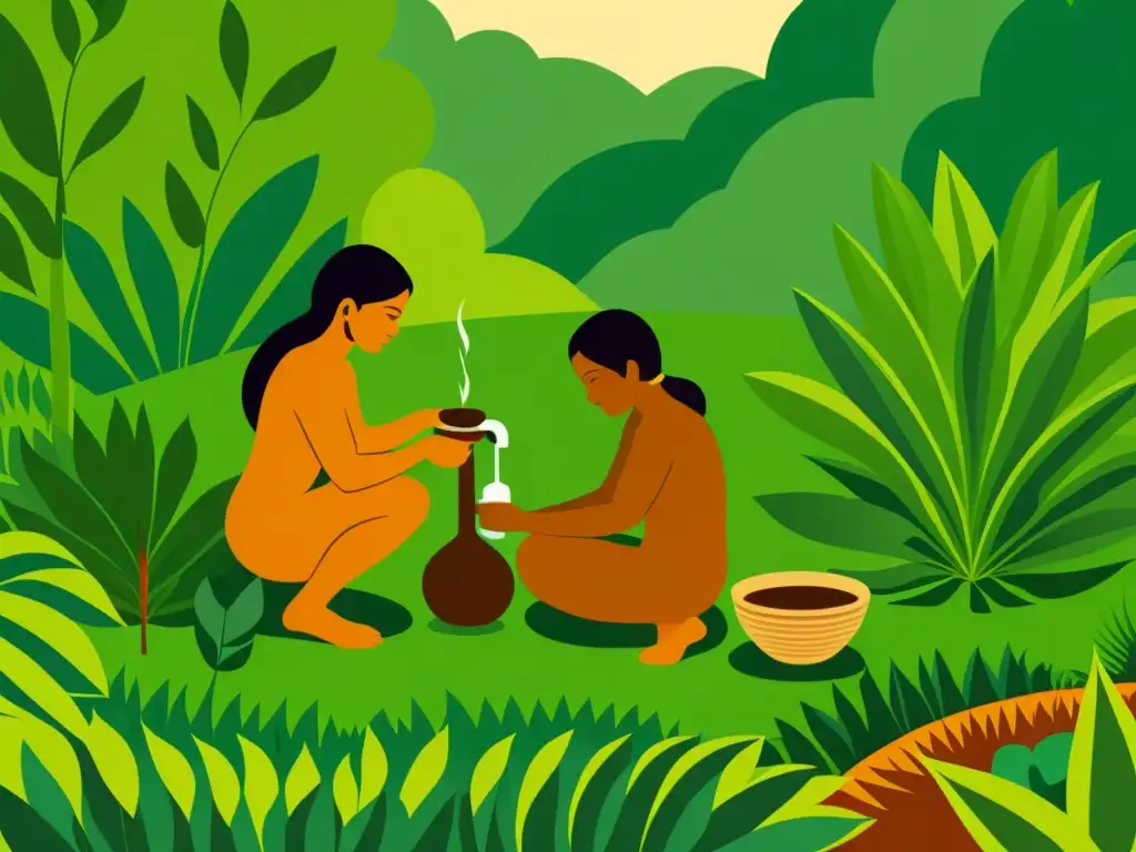 Indígenas en la selva amazónica preparando enemas vegetales