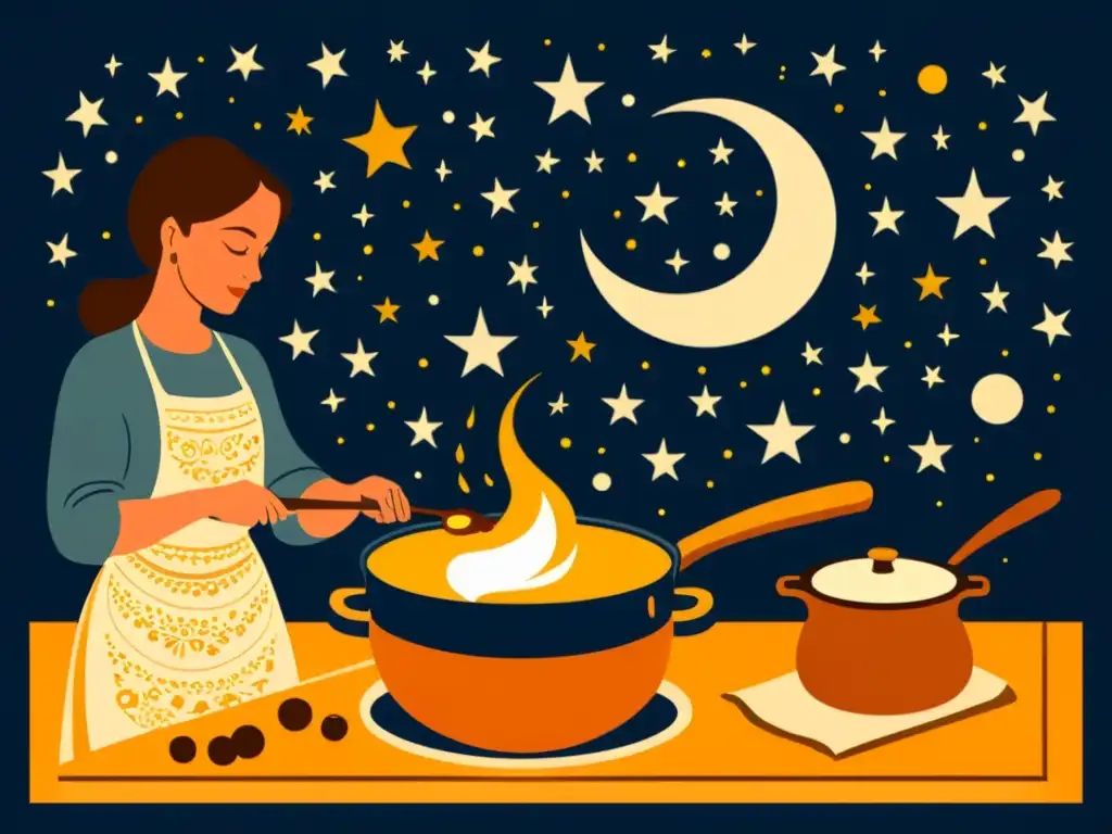 Influencia astrológica en la alimentación tradicional: Ilustración vintage de una cocina tradicional con elementos celestiales y símbolos zodiacales integrados en los detalles