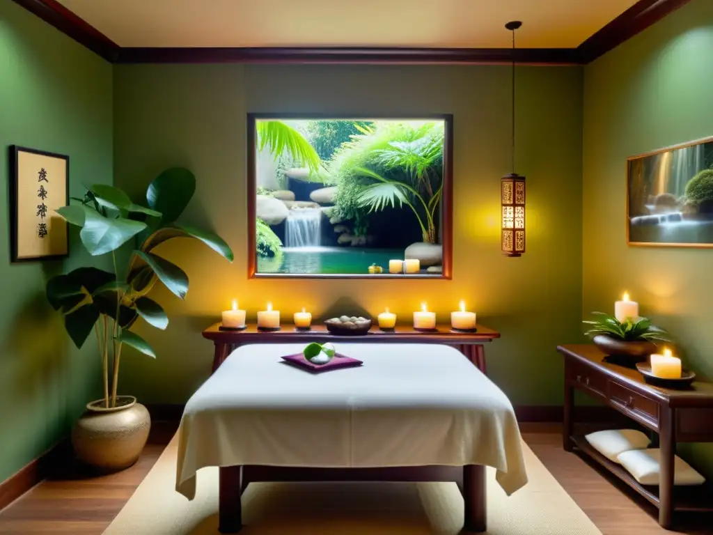 Influencia del Feng Shui en Spas: Imagen vintage de un relajante espacio de spa con elementos tradicionales del Feng Shui, como agua, plantas y luz suave, creando armonía y equilibrio