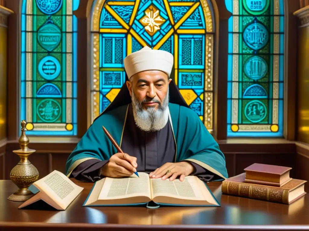 Avicenna inmerso en la medicina tradicional en diversas culturas, rodeado de libros antiguos, notas detalladas y una atmósfera de devoción académica