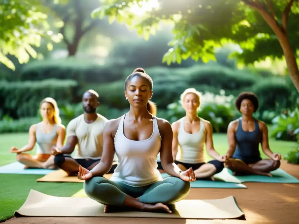 Una instructora de yoga guía a un grupo en poses terapéuticas en un jardín