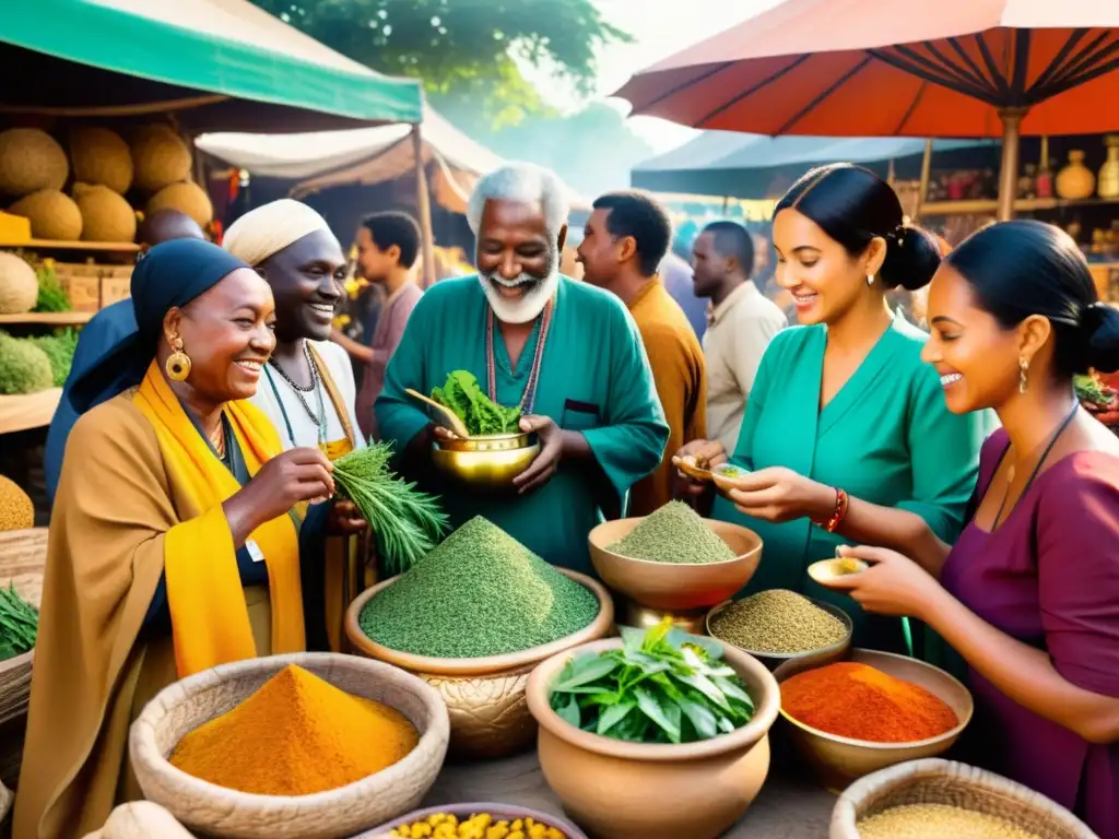 Intercambio cultural práctica medicina ancestral en bullicioso mercado con curanderos, aprendices y coloridas hierbas