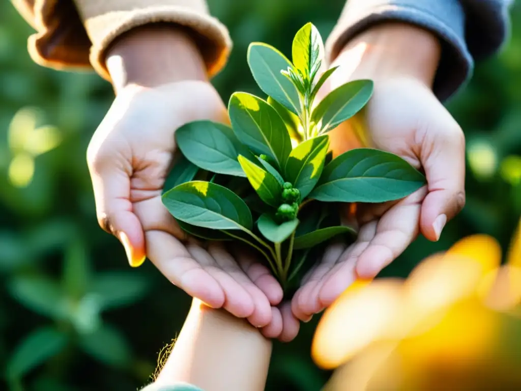 Intercambio internacional de remedios herbales: manos intercambian hierbas frescas con luz dorada de fondo
