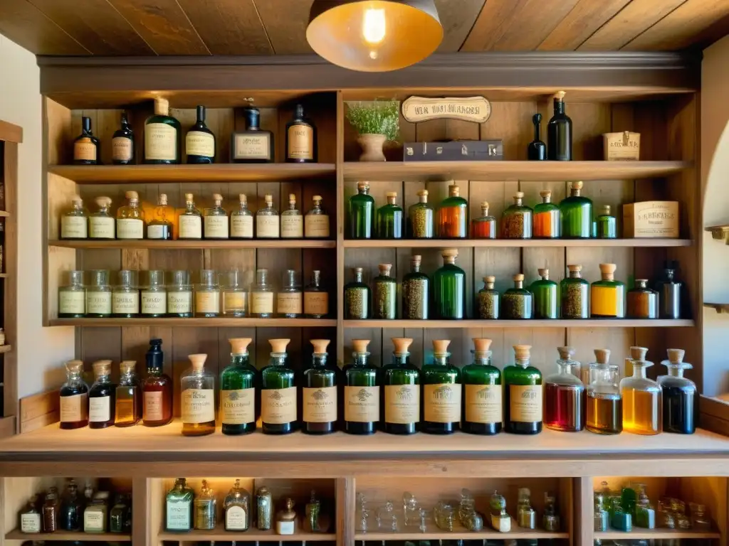 Interior de una antigua botica con estantes de botellas de colores, hierbas secas y una balanza