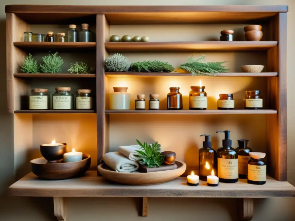 Interior de spa tranquilo con hierbas medicinales en estantes de madera rústica, iluminado por una suave y cálida luz