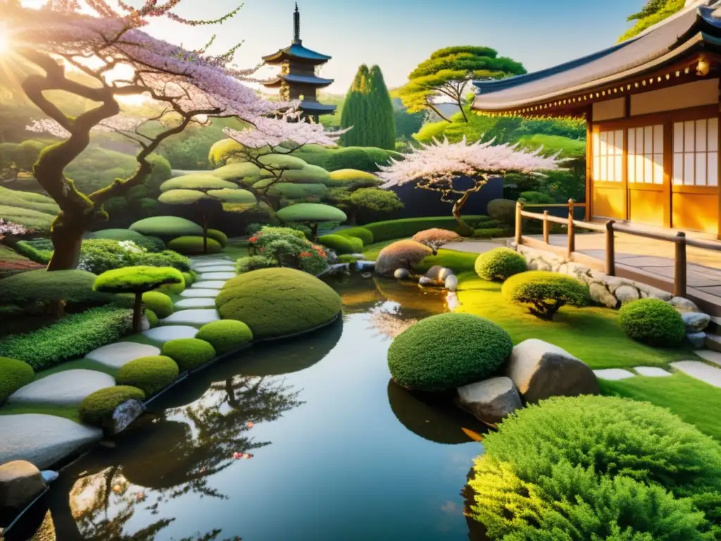 Un jardín japonés de hierbas curativas tradicionales con té verde vibrante, cerezos en flor y una casa de té de madera