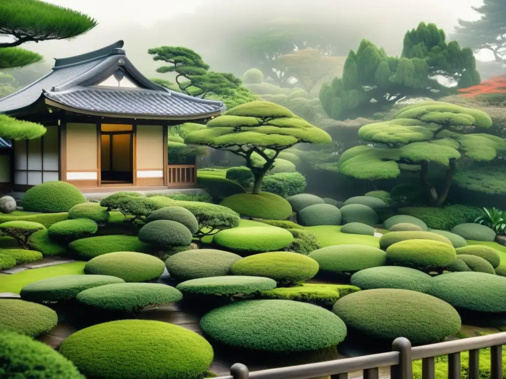 Un jardín de té japonés sereno con una casa de té tradicional y un suave ambiente neblinoso