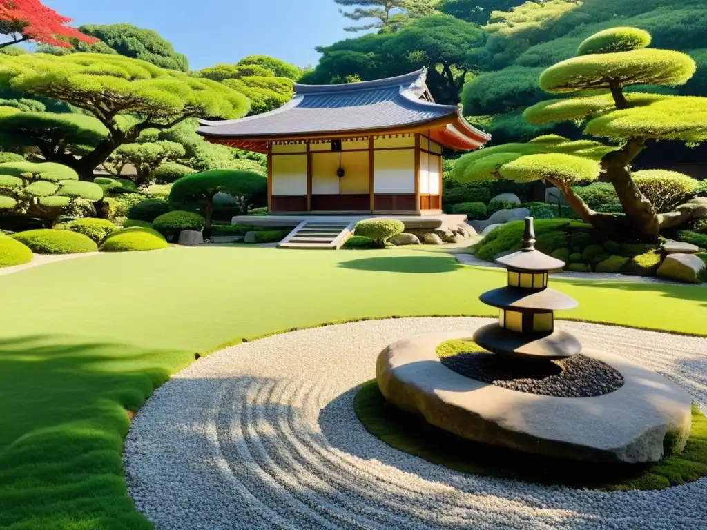 Un jardín japonés sereno con piedras cubiertas de musgo y una linterna de piedra rodeada de exuberante vegetación