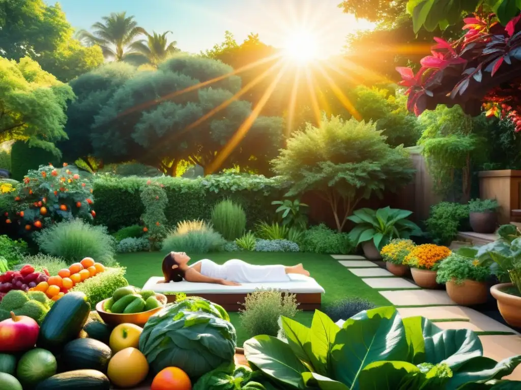 Un jardín exuberante y vibrante con frutas, vegetales y hierbas, bañado por luz dorada