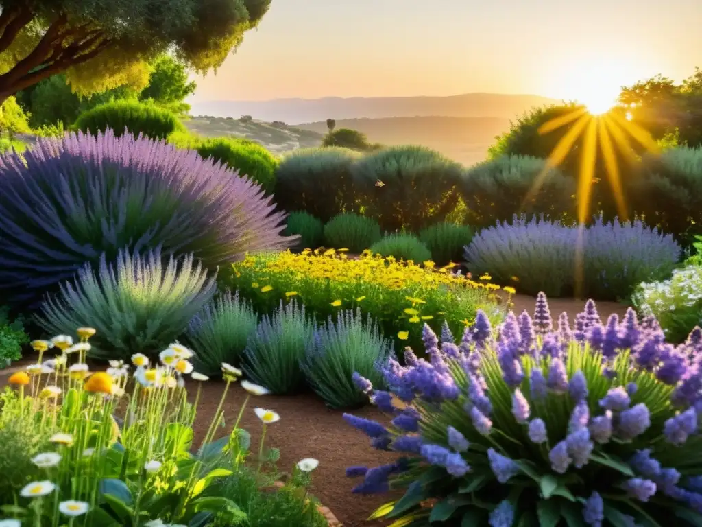 Un jardín exuberante y vibrante de plantas medicinales como lavanda, manzanilla, menta y sábila, bañado en la luz dorada del atardecer