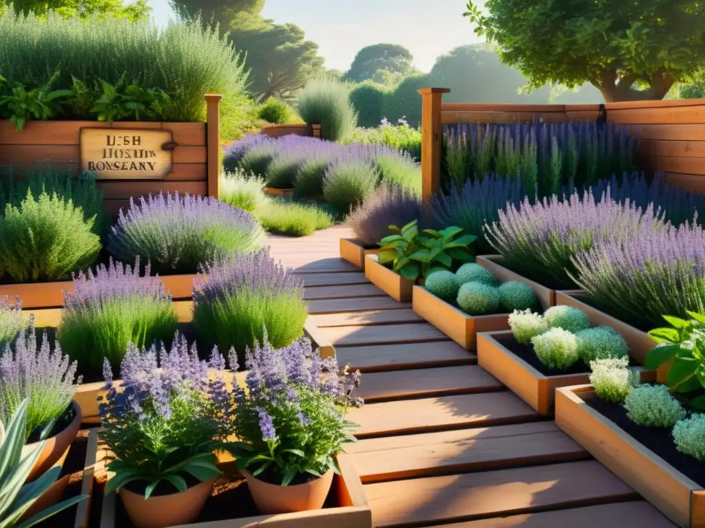 Un jardín de hierbas aromáticas en la luz del sol, con lavanda, romero y menta en macetas de madera