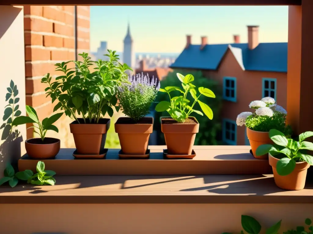 Un jardín de hierbas aromáticas y medicinales florece en un espacio urbano reducido, evocando tranquilidad y salud