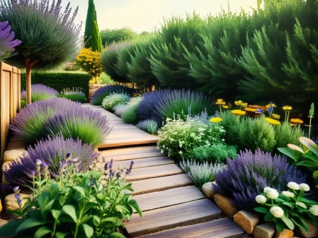 Un jardín de hierbas aromáticas vintage, con lavanda, menta y romero