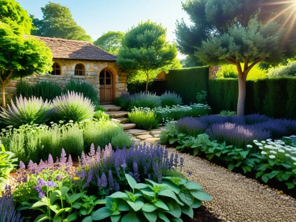 Un jardín de hierbas curativas con plantas exuberantes, senderos de piedra y árboles antiguos, emitiendo señales del suelo fértil