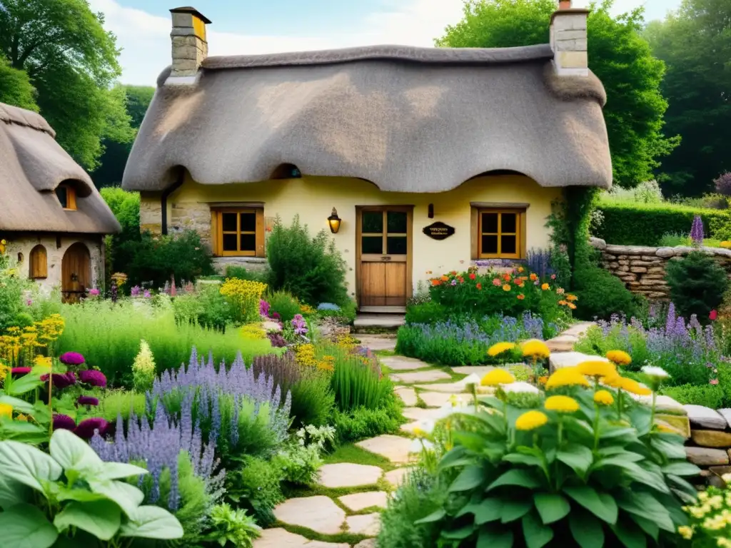 Un jardín de hierbas europeo exuberante y colorido, con senderos de piedra y letreros rústicos de madera