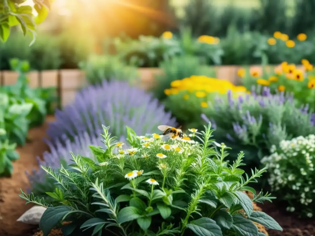 Un jardín de hierbas exuberante con lavanda, romero, manzanilla y menta en filas ordenadas