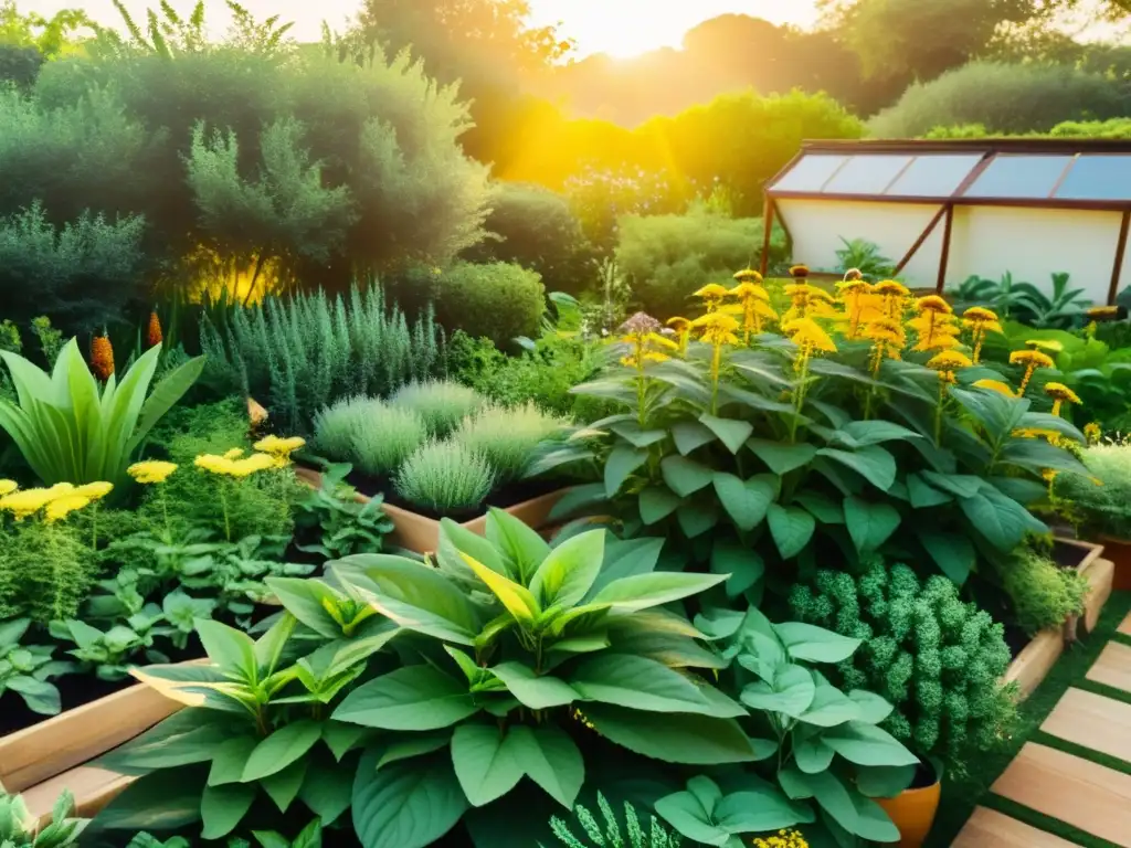 Un jardín de hierbas Ayurveda exuberante y vibrante, iluminado por el cálido sol