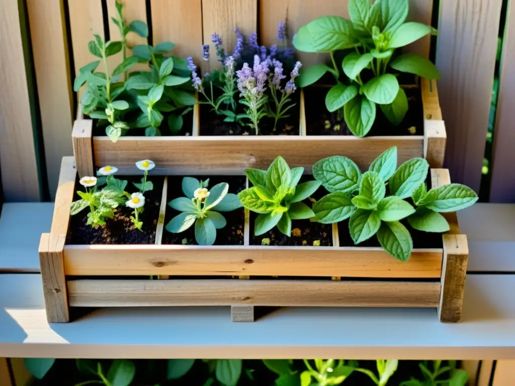 Un jardín de hierbas medicinales en un espacio urbano reducido, rebosante de vida y serenidad