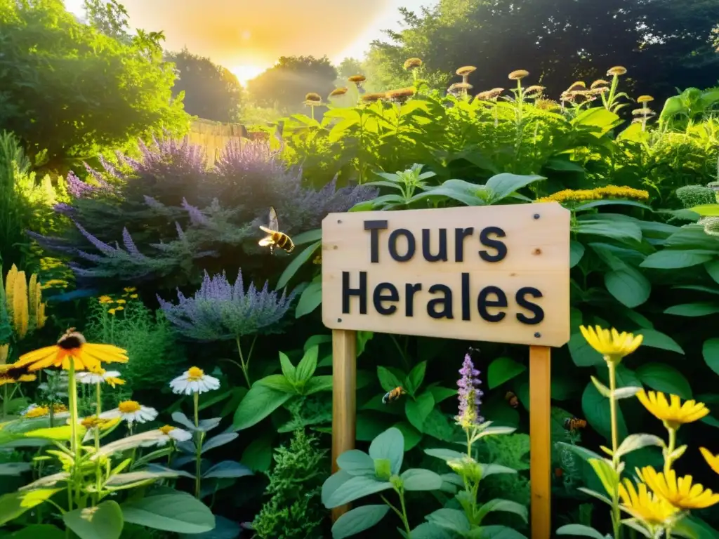 Un jardín de hierbas medicinales exuberante y sereno, ideal para tours prácticos cultivo hierbas medicinales