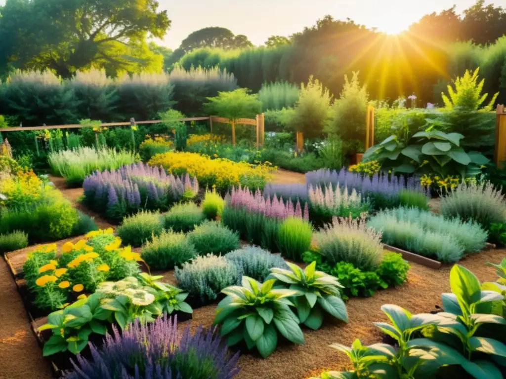 Un jardín de hierbas medicinales exuberante y vibrante con letreros coloridos, abejas y mariposas