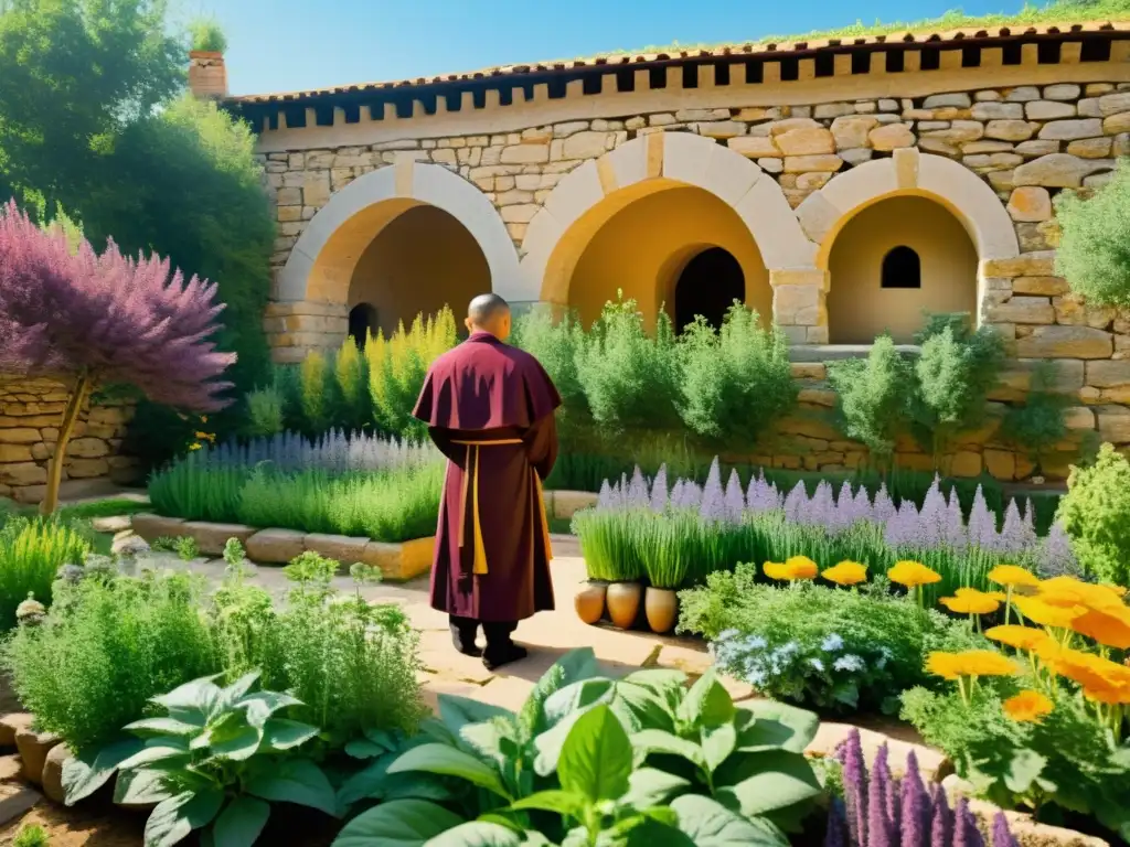 Un jardín de hierbas medicinales en la medicina monástica, con monjes cuidando las plantas y abejas zumbando alrededor