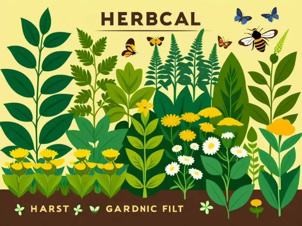 Un jardín de hierbas medicinales orgánicas, exuberante y colorido, con abejas y mariposas revoloteando