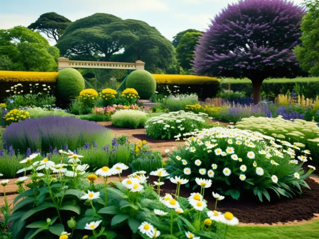 Un jardín de hierbas medicinales en Kew Gardens, con plantas exuberantes, abejas y mariposas